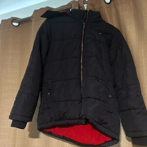 Black Puffer Jacket with Red Lining